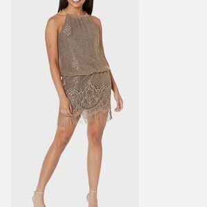 S.L. Fashions Women's Tan/Gold Halter Crochet Fringe Hem Mini Dress Size 10